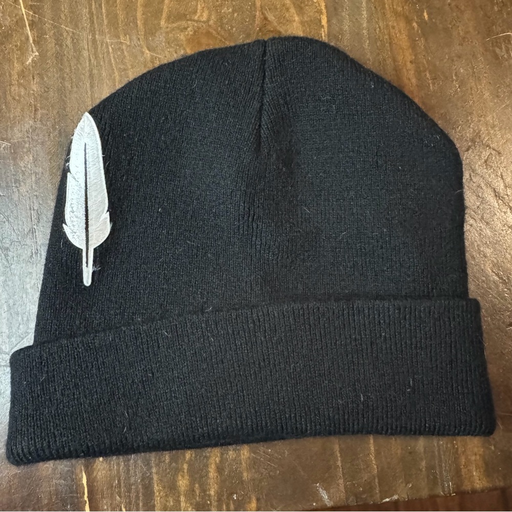 Black Beanie with White Embroidered Feather Accent